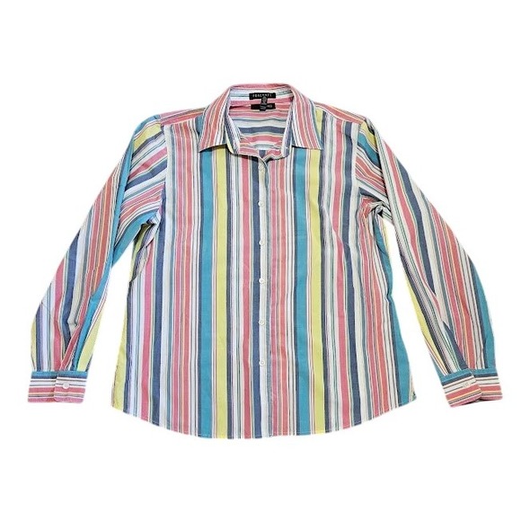 Foxcroft Button Up Shirt Women Size 12 Colorful Striped Wrinkle Free Shaped Fit - Picture 1 of 7